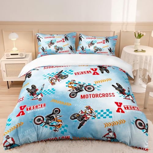 ZZTBQ Moto Cross Parure de Lit 120 x 150 cm Extrême Sports 3 Pièces Housse de Couette 120x150 cm avec 2 taies d'oreillers 40x60 cm 120x150 Parure 100...