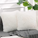 EXTREME HOME Pack of 2 Faux Fur Solid Throw Pillow Covers - Luxury, Super Soft, Fuzzy, Ultra-Fluffy, Sheepskin Plush, Decorative Shaggy Cushion Cases for Couch, Bed, Sofa, Living Room (2 Pieces White)