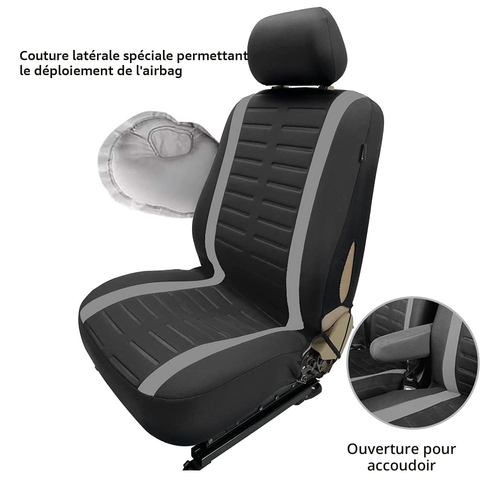 TOYOUN - Housse Siege Voiture Van Universel 2+1 Adapté Camions, Camionnettes et Bus,Avant pour Simples et Doubles avec Bases Jointes Housses de Sièges Universelles en Tissu,Noir et Gris
