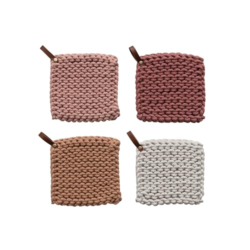 Creative Co-Op DF8229SET 8 Inches Square Solid Color Cotton Crocheted Leather Loop Handle cover