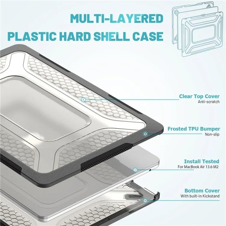 Image of TechTrendz Compatible with MacBook Air 13.6 inch Case 2025 2024 2022 M4 A3240 M3 A3113 M2 A2681 Cover, Honeycomb Design Shockproof Heavy Duty Protective Hard Shell Case Cover with Kickstand- Black