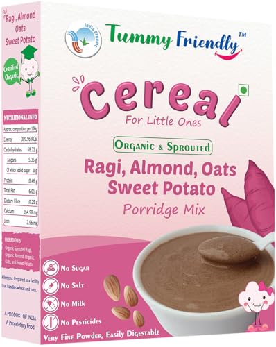 Image of TummyFriendly Foods Certified Organic Sprouted Ragi, Almonds, Oats, Sweet Potato Porridge Mix | Made of Sprouted Ragi Powder, Almond Cereal Organic Baby Food for 8 Month. Sprouted for Calcium, Iron | Maximum Nutrition From Real Food | Available in Trial Baby Packs too | Shelf-life 9 month | 200g (RagiOats2x200g)