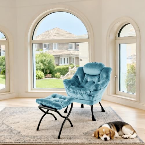 dowowdo Sillón de relax con taburete y reposapiés, sillón ergonómico con reposabrazos y bolsillo lateral para salón, dormitorio, oficina, color azul