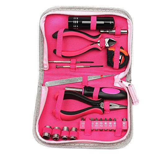 Baceyong 23 Pcs Ladies Pink Tool Kit,Screwdriver Household Tool,Pink Multi-function Repairing Tool Kit,Plier Screw Tape Measure Tool - Image 2