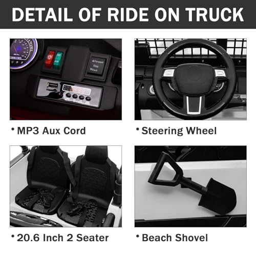 OTTARO 2 Seater Ride on Car Truck, 12V Electric Vehicle Car for Kids 3-8 Years, 20 Inch Seater, 2x100W Motors, 4 Shock Absorbers, Music Play,Bright Light, Remote Control(White) - Thumbnail 2