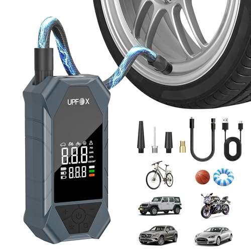 UPFOX Tire Inflator Portable Air Compressor - 150psi Fast Air Pump for Car Tires with Digital Tire Pressure Gauge Accurate Dual LCD Display & Led Light for Bike Bump Car Motorcycle Bicycle Balls More