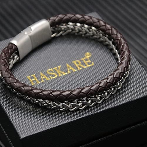 HASKARE Mens Real Leather Chain Bracelet - Brown Braided Leather Bracelet with Classic Chain Solid Cuban Link Chain Leather Bracelets, Trendy Jewelry Gift for Men Father (8, Brown) - Image 5