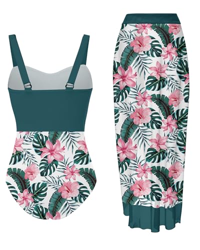Image of UNIFACO Girls One Piece Swimsuit with Cover Up Skirt 2 Piece Bathing Suit Swimwear Sets 5-16T