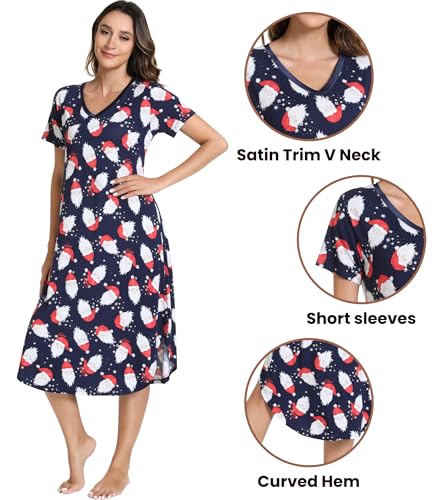 Image of NACHILA Nightgowns for Women-Viscose Made from Bamboo, V Neck Sleepshirts Short Sleeve Sleepwear Cool Nightshirt
