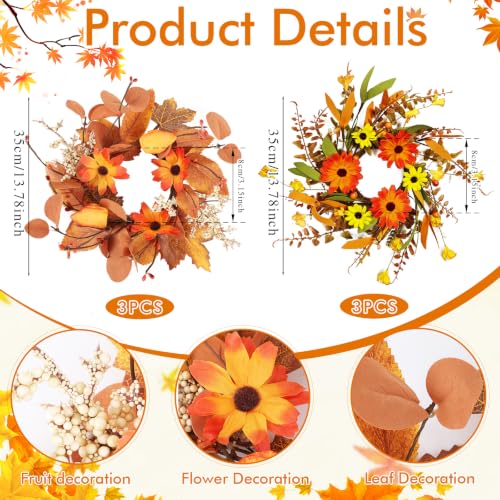 Image of 6 PCS 3 Inch Fall Floral Candle Rings Wreath Thanksgiving Candle Holder Rings Mini Artificial Autumn Wreath with Pumpkins Daisy for Table Centerpieces Farmhouse Fireplace Cabinets Wall Window Decors