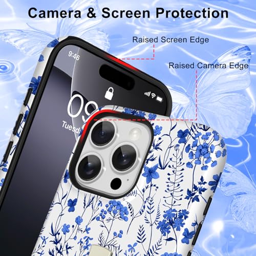 Image of Magnetic for iPhone 16 Pro Max Case with Finger Strap Kickstand [Compatible with Magsafe] Cute Floral Flower Pattern Design, Dual-Layer Shockproof Protective Cover for Women Men, Blue