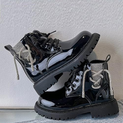 Girls Goth Lace Up Boots Side Zip Up Preppy Style Mid Calf Boots Easy On PU Leather Lug Sole Non-Slip Toddler Shoes3