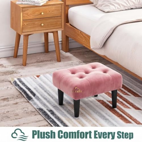 Image of Upholstered Foot Rest Ottoman Stool with Wooden Legs, Tufted Footstool for Living Room, Bedroom, Makeup Vanity, Entryway, Comfortable Footrest Bench, Modern Accent Ottoman (Pink)
