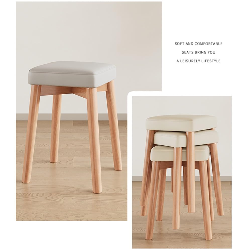 Drewniane stołki do układania w stos, 45 cm, wyściełane krzesła bez oparcia z antypoślizgowymi nóżkami, nowoczesny design, do domu, biura, kuchni i szkoły, kolor kremowy