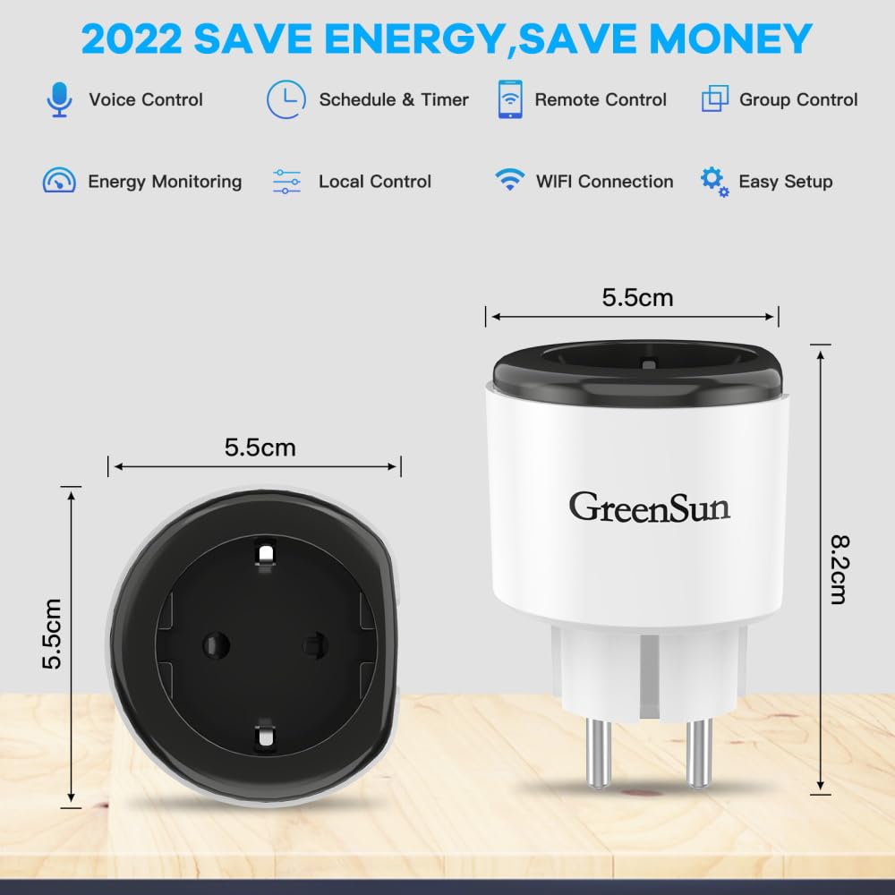 GreenSun Presa Intelligente WiFi, Smart Home Plug 16A, Monitoraggio energetico, Controllo Vocale, Funzione del Tempo, Compatibile con Alexa & Google Home, 4 Pack