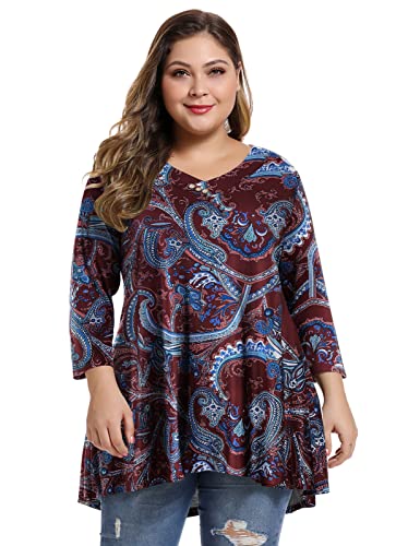 MONNURO Womens Plus Size 3/4 Sleeve V Neck Button Casual Loose Flowy Swing Tunic Tops Basic Tee Shirts for Leggings4
