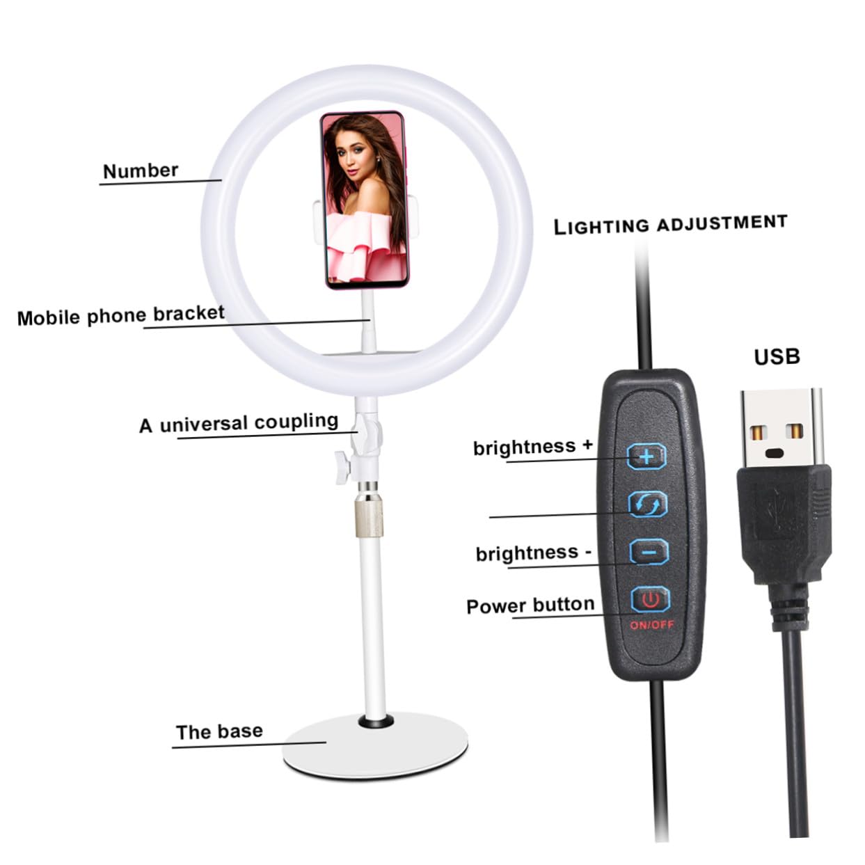SHINEOFI Luce LED Dimmerabile per Selfie Supporto Telefono, Lampada da Bellezza Bianco in Ferro e Plastico Cavo USB per Fotografia e Live Streaming