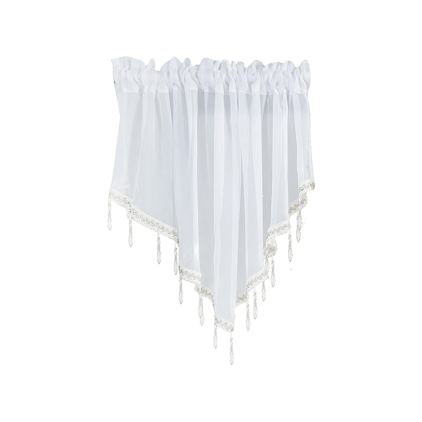 WUMUZAI 1Pcs White Sheer Valance Curtains 51.2 x 23.6 Inch, Beaded Swag Valances for Windows Living Room Kitchen Bedroom Bathroom, Short Top Farmhouse Valance Curtains with Rod Pocket Tassel Voile