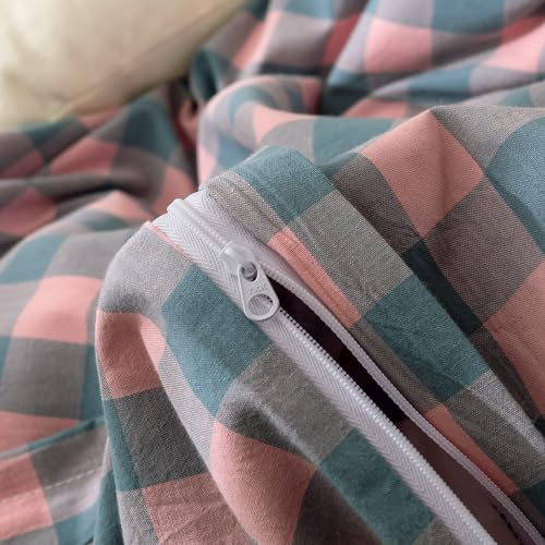 Image of VM VOUGEMARKET Gingham Duvet Cover Set King 3 Pieces Washed Cotton Pink Purple Blue Plaid Checkered Printed Comforter Cover with Zipper Soft Lightweight & Breathable Quilt Cover Set