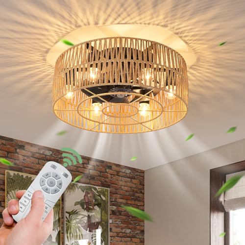 Ganeed Ventilatori da soffitto con luci Ventilatore da soffitto da fattoria in stile industriale 48 cm Lampada in gabbia in rattan boho E27 Montaggio a filo con telecomando Nero 6 luci