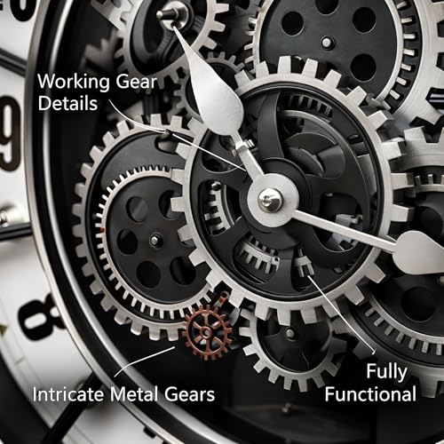 Image of Xtore Striking Industrial Moving Gear Wall Clock for Living Room, Office & Study Decor | Skeleton Dial Design with Exposed Gear Detailing & Bold Numeric Markers (Black & White, 45 cm)