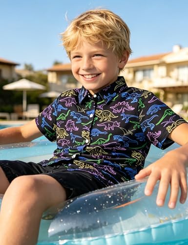 Image of Boys Hawaiian Shirt Kids Button Down Aloha Beach Hawaii Tops 5-14Y | Quick Dry, Breathable, Cooling & Lightweight, For Summer Vacation Holiday, Fourth of July, Youth, Teen, Shark, Dinosaur