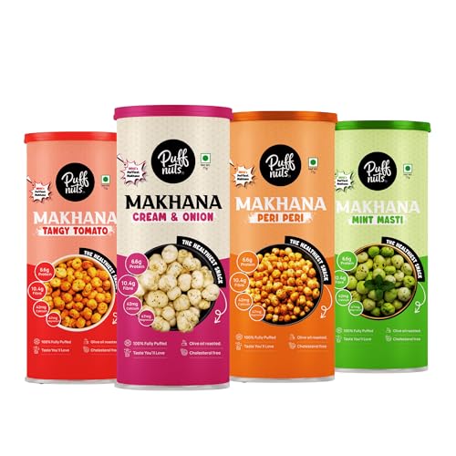 Image of Puffnuts COMBO of 4 Roasted and Flavoured Makhana | Healthy Snack | Namkeen Snacks | Puffed Snacks | Gluten Free | Cholesterol Free | Protein Rich | Fiber Rich | With Calcium & Magnesium | Roasted in Olive Oil - 324g (Pack Of 4, Mint Masti, Peri Peri, Cream & Onion, Tangy Tomato)