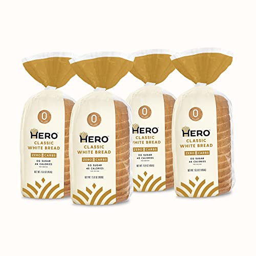 Hero Classic White Bread — Delicious Bread With 0G Net Carb, 0G Sugar, 45 Calories, 11G Fiber Per Slice | Tastes Like Regular Bread | Low Carb & Keto Friendly Bread Loaf —15 Slices/Loaf, 4 Loaves #TOP6