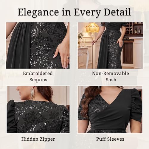 Image of Elegant Women's Formal Dress Wedding Guest Puff Sleeve Mermaid Ball Gowns Court Train Plus Size Sequin Long Dresses