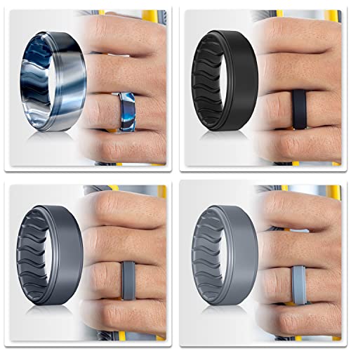 Silicone Ring, Men's Band, Black, Blue, Breathable Wave Design3