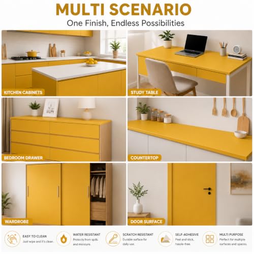 Image of Vinyl Contact Paper Decorative for Cabinets Countertops Kitchen Shelves Liner Self Adhesive Film Peel and Stick Waterproof Removable Wallpaper (Inches 24 x 300, Matte Yellow)