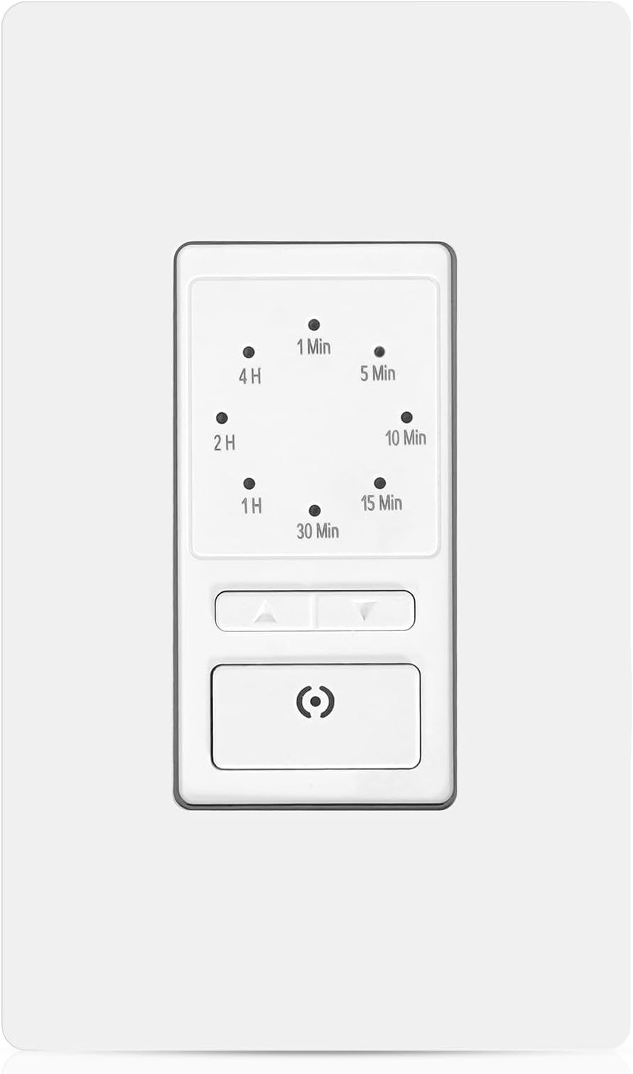 Countdown Timer Switch, 15A Electronic in-Wall Timer Switch with Constant On Mode, 1 min – 4 Hours for Bathroom Light & Fan, Single Pole, Neutral Wire Required, ETL Listed, White