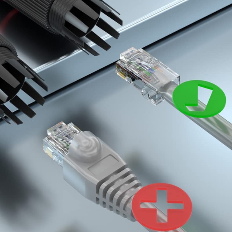 Diagram showing a correct RJ45 connection with a green checkmark and an incorrect connection with a red cross, highlighting the importance of a secure click.