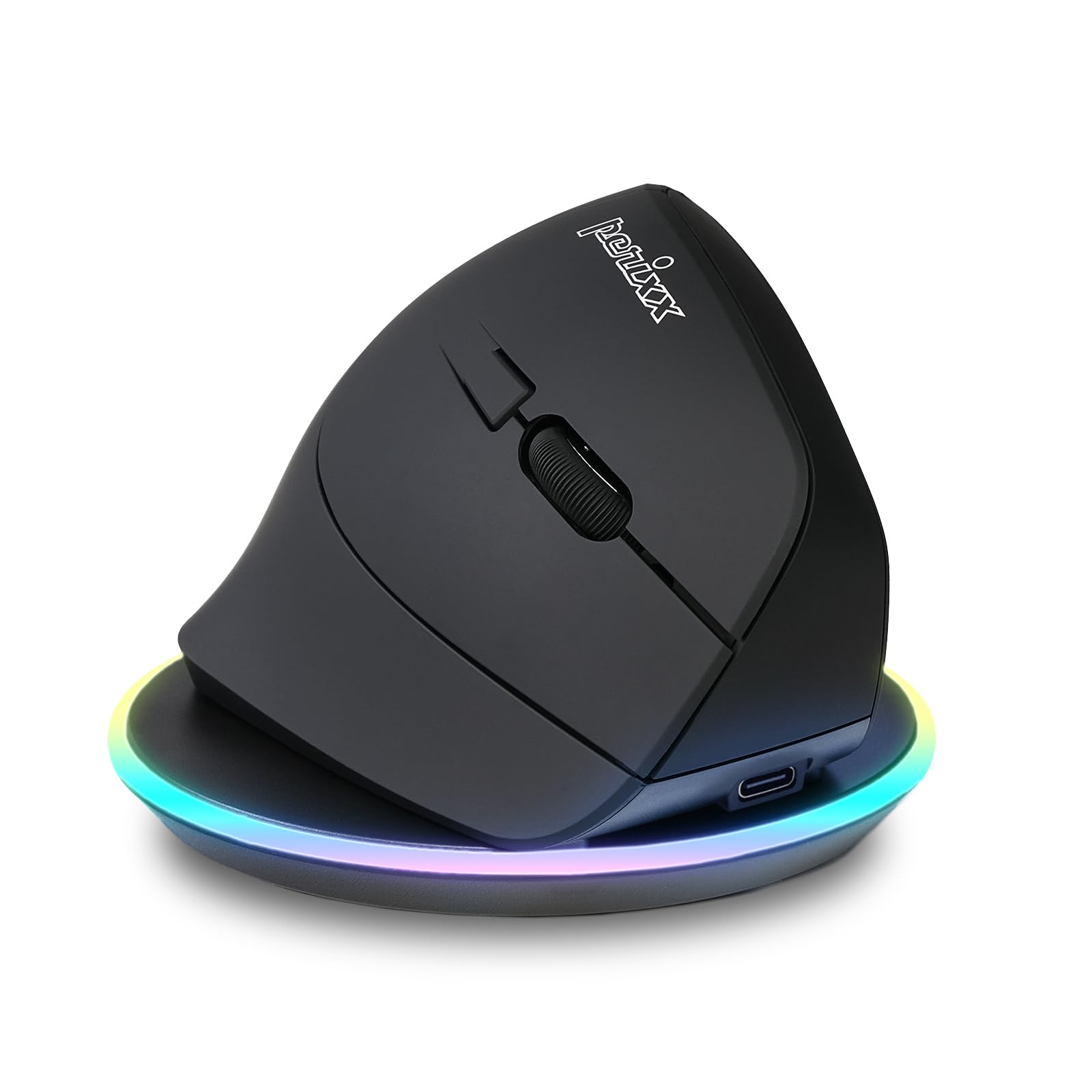 Photo 1 of Perixx PERIMICE-715RX Wireless Rechargeable Vertical Mouse - Duo Wired and Wireless Charging Feature - Charger Included - Right-Handed - Black