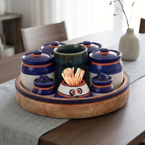 Image of Aakriti Art Creations Pickle Pallet Set of 4 with Teak Wood Tray | Ceramic Achar ki Barni & Mukhwas Box | Handcrafted Abstract Art Storage Jar for Spice & Pickle | Traditional Achaar Barni for Kitchen