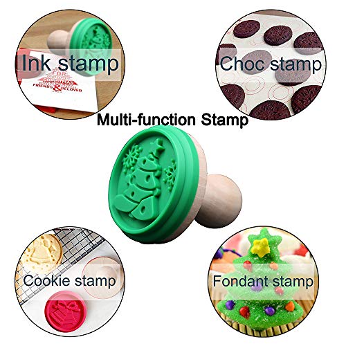 Christmas Silicone Cookie Stamps - Set of 3 Heat Resistant Stamps Include Christmas Bell, Reindeer, Tree and 1 Wood Press, Party Novelty DIY Baking Gift, Non stick and BPA Free - Thumbnail 2