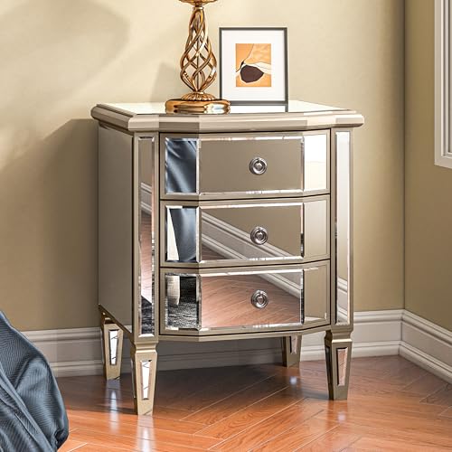 SHYFOY Table de Chevet Vintage avec Miroir, 3 Tiroirs, MDF et Verre, Finition Argentée, 60 x 50 x 40 cm, Bright White