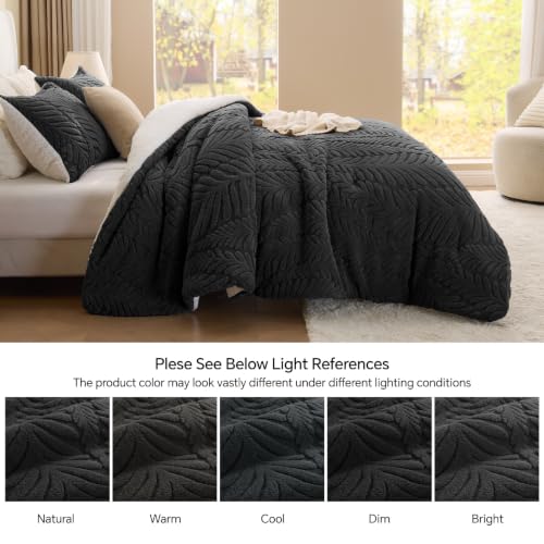 Image of BEDELITE Fluffy Sherpa King Comforter Set,Leaf-Black