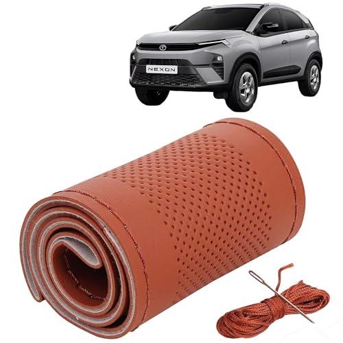 Image of KINGSWAY PU Leatherite Car Steering Cover Sewable Compatible with Tata Nexon (Year 2023 Onwards), Tan Color with Tan Thread, Pack of 1 with Sewing Needle and Thread