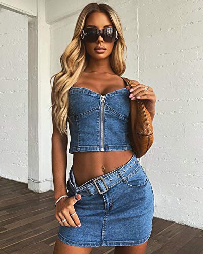 Women’s Corset Crop Top Sexy Push Up Bustier Backless Strap Tank Vest Top Streetwear Party Bralette(Zip Denim Blue, Small) #TOP1