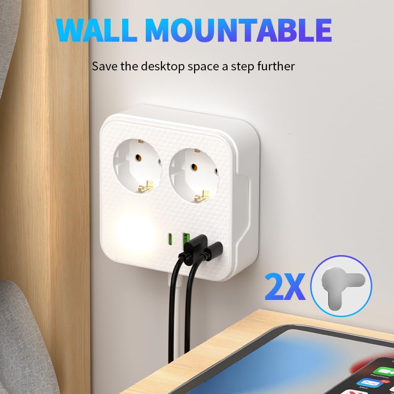 Steckdosenleiste 6-in-1 mit 2M Kabel, 2 AC-Steckdosen, 2 USB und 2 Type-C Anschlüsse, für Zuhause, Büro und Reisen