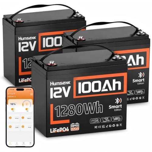 Image of HumsiENK 3 Pack 12V 100Ah LiFePO4 Lithium Battery with Bluetooth, 1280Wh