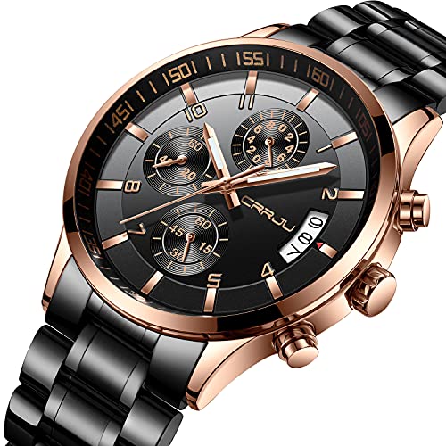 Image of CRRJU Men's Multifunctional Chronograph Wristwatches,Stainsteel Steel Band Fashion Quartzuartz Waterproof Watch