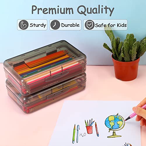 Image of Sooez 1 Pack Clear Pencil Box, Plastic Hard Pencil Case with Stickers, Large Crayon Box with Snap-tight Lid, Stackable Storage Art Craft Marker Organizer Boxes for Kids Boys Back to School, Gray