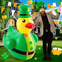 Hungdao 1 Pc 4 ft St. Patricks Day Inflatable Duck Giant Blow up Rubber Duck with Lucky Shamrock Hat for St. Patricks Day Golf Cart Parade Outdoor Yard Lawn Decorations Air Pump Not Included
