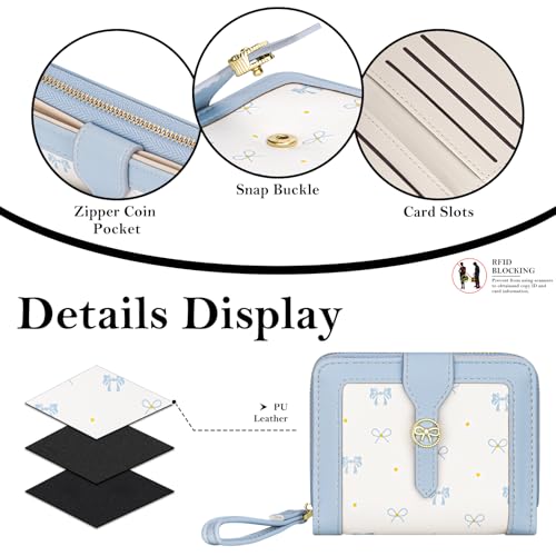 Image of BIAOTIE Wallet for Women Cute Floral Flower Wallet RFID Credit Card Holder Purse Small Bifold Zipper Coin Pocket Purse with ID Windows (Bow Blue)