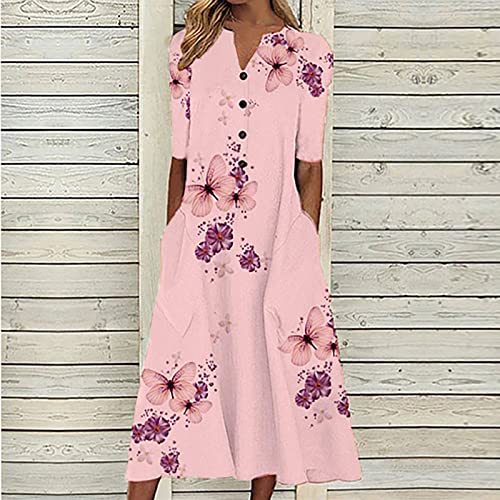Simple Butterfly Printed Long Dress For Women Button Up Loose Fit Casual Half Sleeve Pockets Maxi Dresses Pink #TOP1