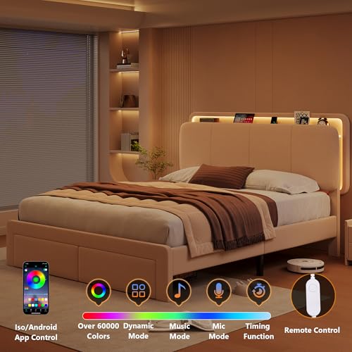 Image of Feonase Full Upholstered Bed Frame with Headboard and 2 Storage Drawers, Built-in Charging Station, Velvet Platform LED Bed with Solid Wood Slat Support, No Box Spring Needed, Beige
