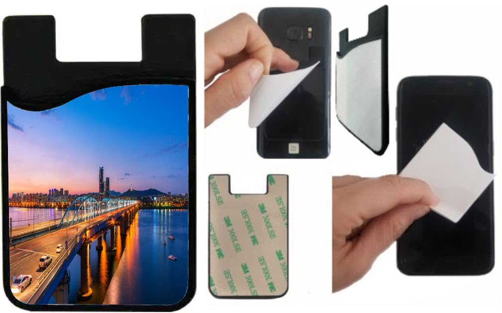 Island Gifting Neoprene Stick-on ID Card Holder for iPhone/Galaxy/Google Android Cases Featuring Image of Korea Seoul at Night Skyline in South Korea