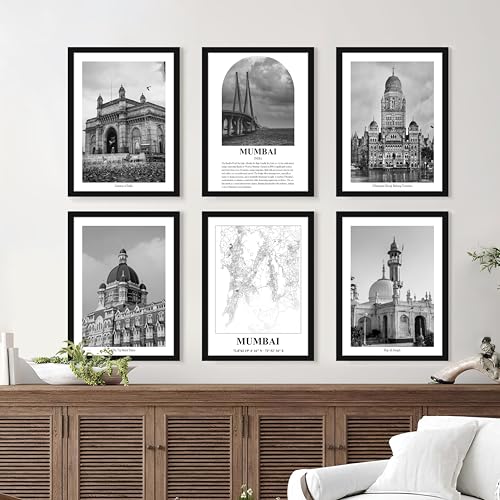 Image of PAINTINGMANTRA Framed Painting A3 Mumbai Wall Art Prints Pack of 6,Heritage Landmark, Gateway of India, Bollywood Cityscapes, Photos for Living Room,Bedroom, Office Decoration (32x44 cm)